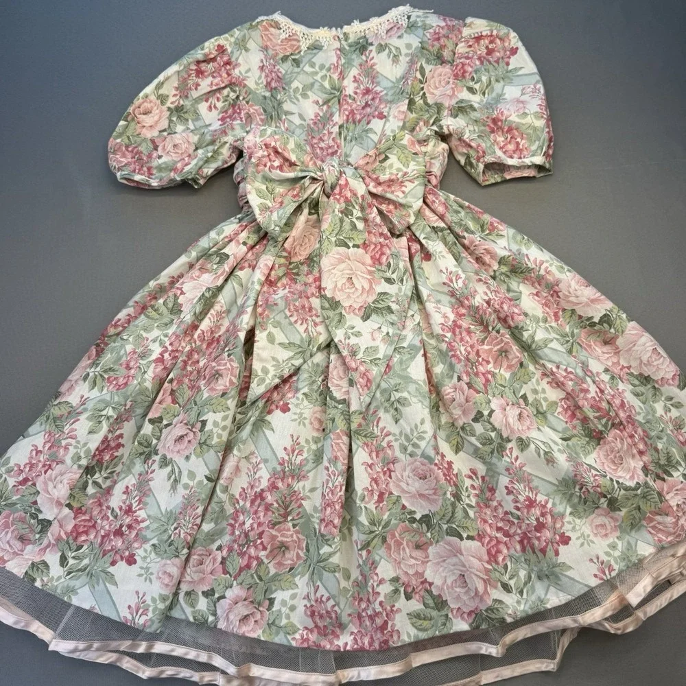 Bonnie Jean Girls Size 7 Floral Flowers Lace Multicolor Dress Puff Sleeves Bow